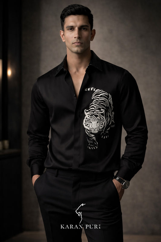 Black Shirt- silk thread -Embroidered Tiger - Leather Collar