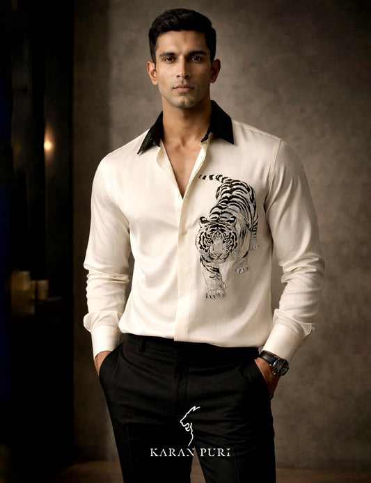 Ivory Shirt silk thread -Embroidered Tiger - Leather Collar